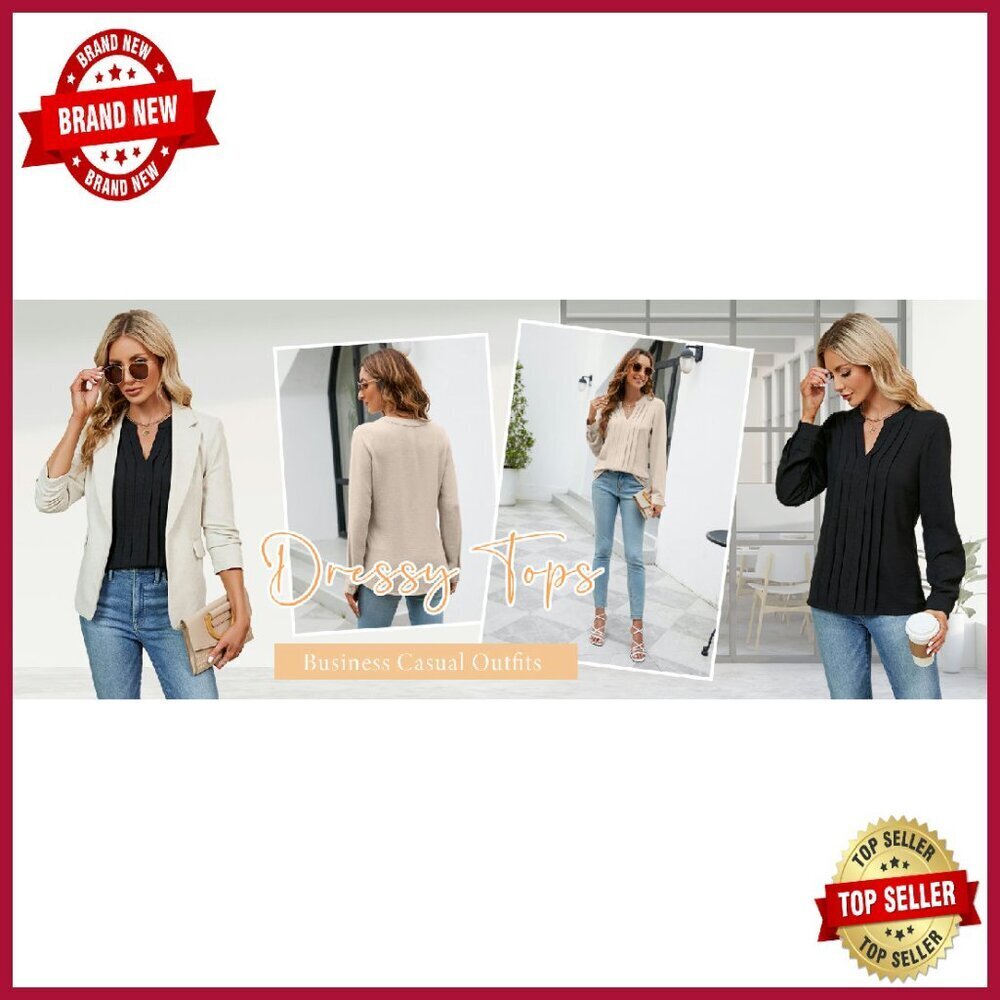 Long Sleeve V Neck Pleated Blouse Business Casual Top Regular Fit - Picture 8 of 8